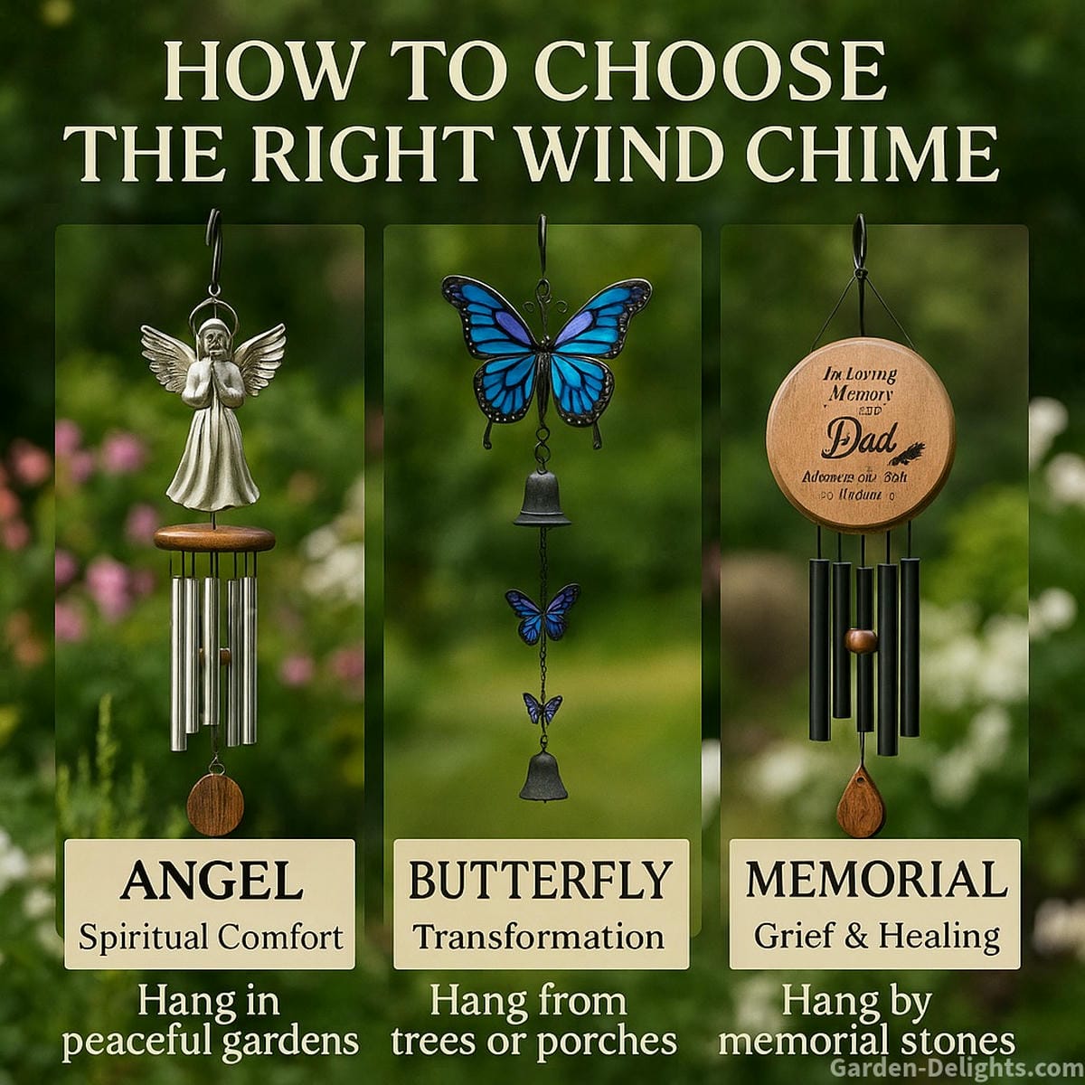Angel, butterfly, and engraved memorial wind chimes shown with their symbolic meanings, emotional uses, and ideal hanging placements offering grief comfort, spiritual resonance, and garden transformation