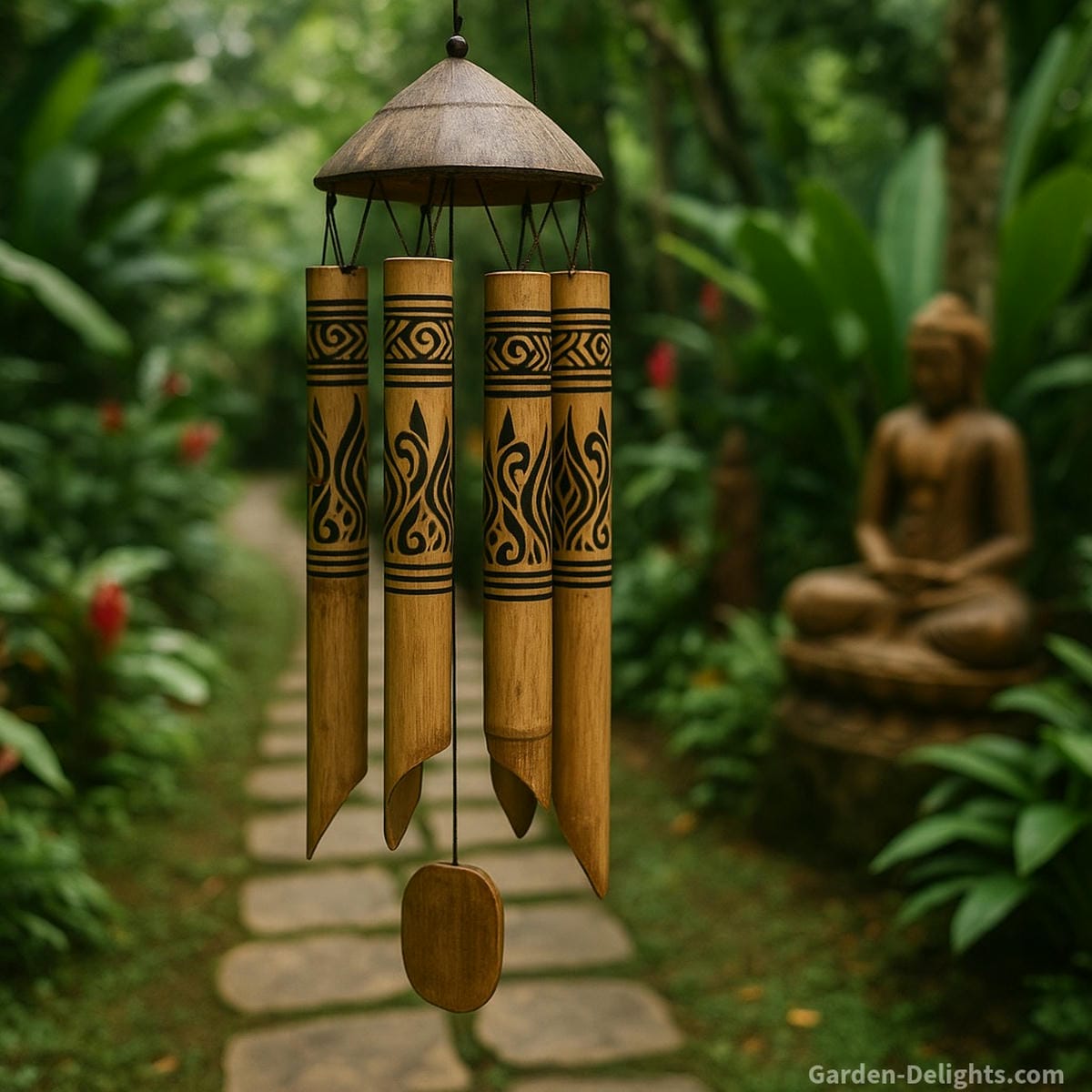 Natural bamboo wind chimes swaying beside a peaceful stone path in a meditation garden, surrounded by tropical plants and wooden sculptures evoking spiritual balance, calm tones, and eco-conscious design