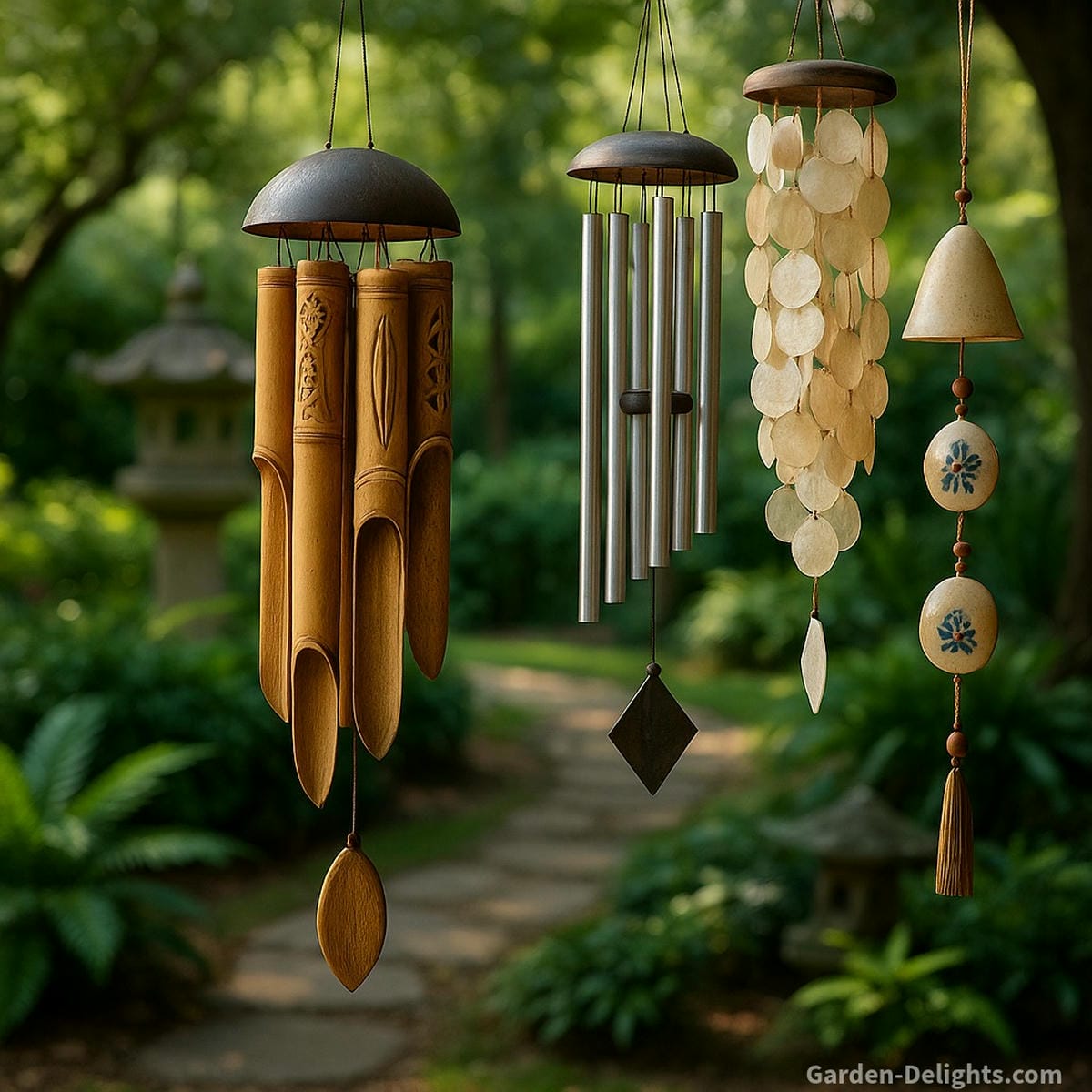 Bamboo, metal, Capiz, and ceramic wind chimes displayed in a Zen garden each radiating symbolic energy, healing tones, and visual harmony