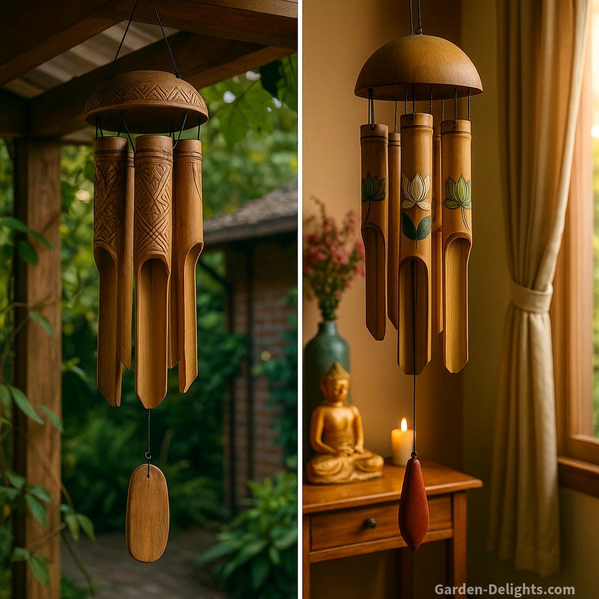 Bamboo wind chimes hanging across both patio and indoor altar space highlighting carved outdoor chimes for energy flow and painted bamboo for indoor tranquility