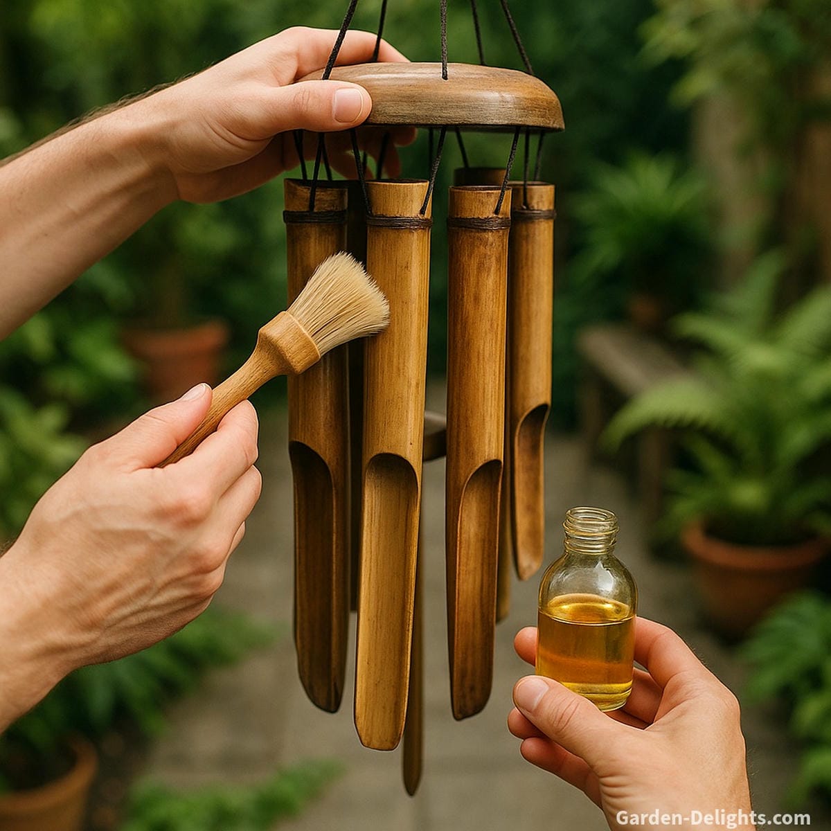 cleaning bamboo wind chimes with oil and brush maintaining smooth surface airflow and preserving natural sound tone outdoors