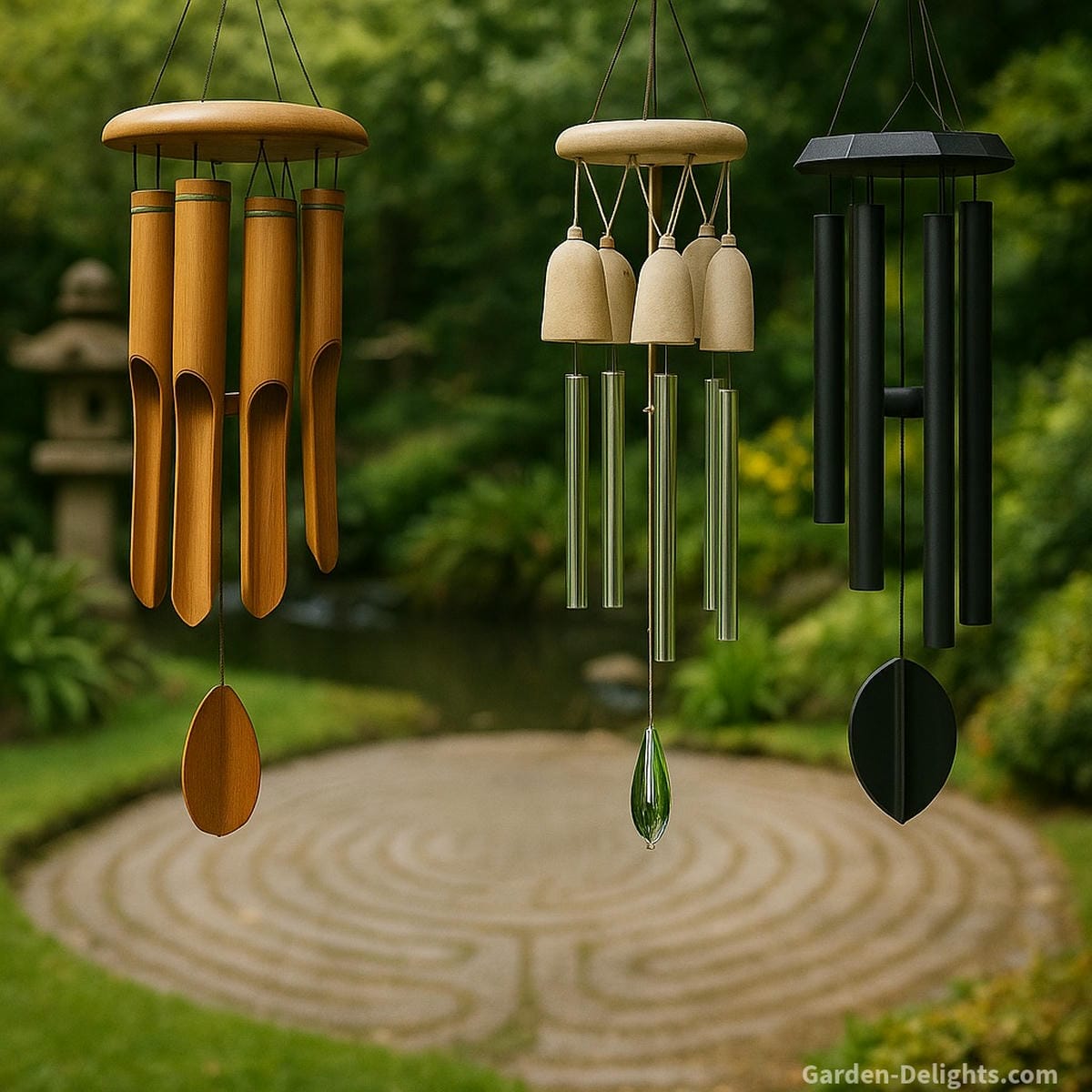 Bamboo wind chimes swaying in a Zen garden beside ceramic, glass, and metal chimes each producing unique tones that symbolize healing, Feng Shui energy, and eco-conscious design for outdoor harmony