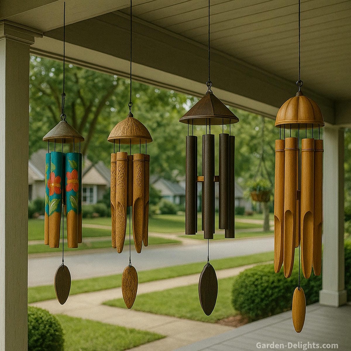 Various bamboo wind chimes displayed in budget tiers painted porch chimes, carved memorial chimes, and large artisan bamboo-metal fusion chimes in a tranquil garden
