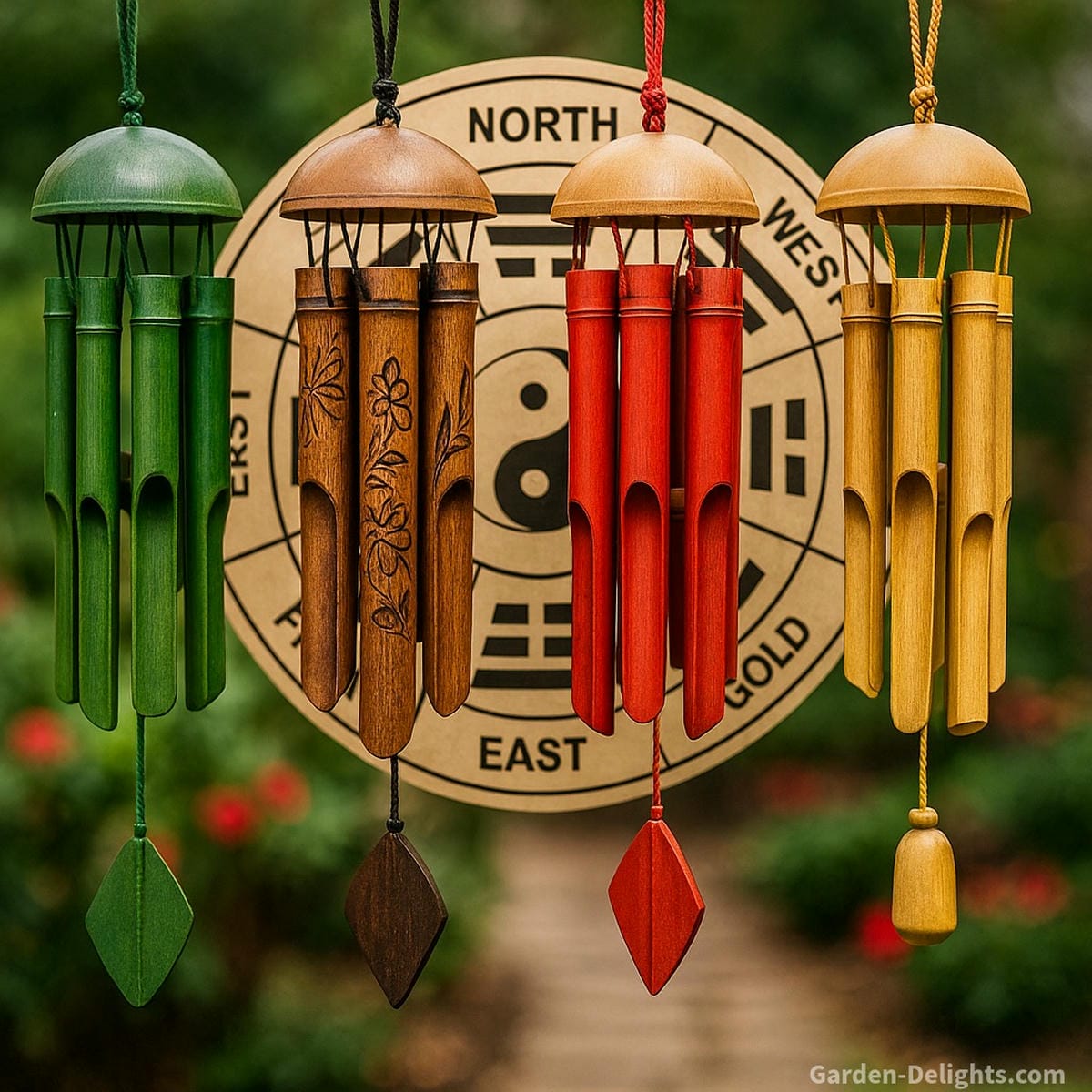 Bamboo wind chimes aligned with Feng Shui Bagua map directions green for health, red for love, gold accents for prosperity, and dark tones for wisdom and protection
