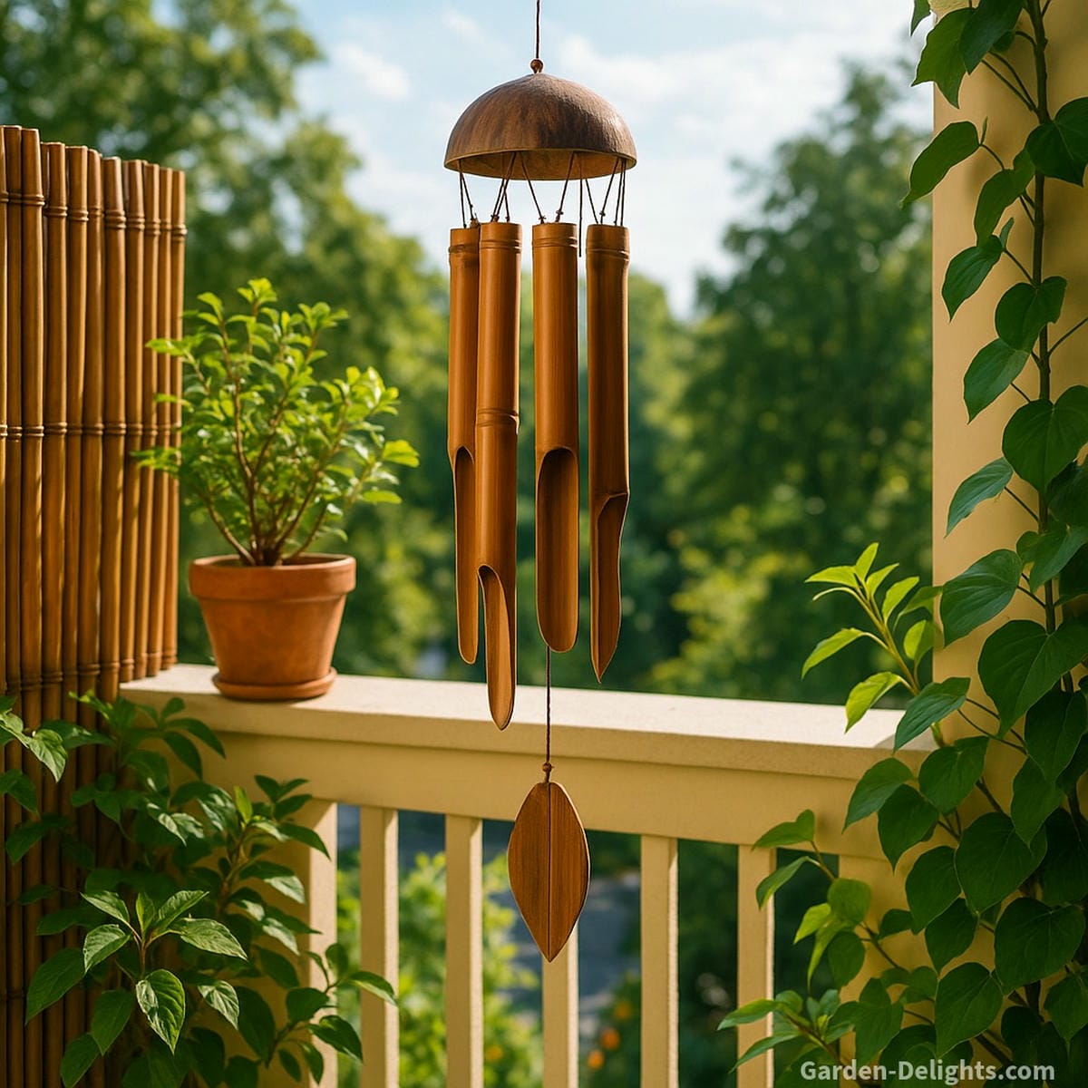 Bamboo wind chimes displayed on a bright balcony with Feng Shui placement, channeling prosperity, mindfulness, and eco-conscious harmony through soft natural resonance