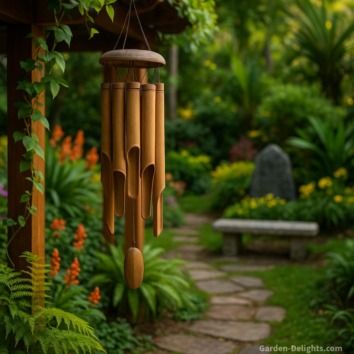 Handmade bamboo wind chimes hanging in a meditation garden, Feng Shui wealth corner, and memorial sanctuary symbolizing stress relief, emotional healing, prosperity, and eco-friendly spiritual décor