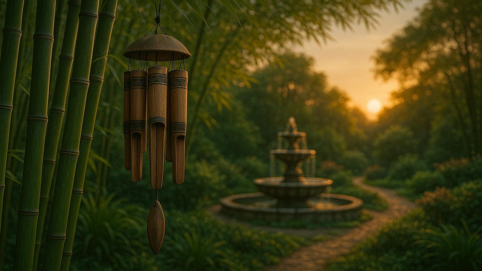 Bamboo wind chimes hanging beside a peaceful garden fountain at sunset, framed by tall green bamboo. These handcrafted wooden chimes bring calming sound therapy, spiritual ambiance, and Feng Shui energy flow to patios, pathways, and wellness gardens.