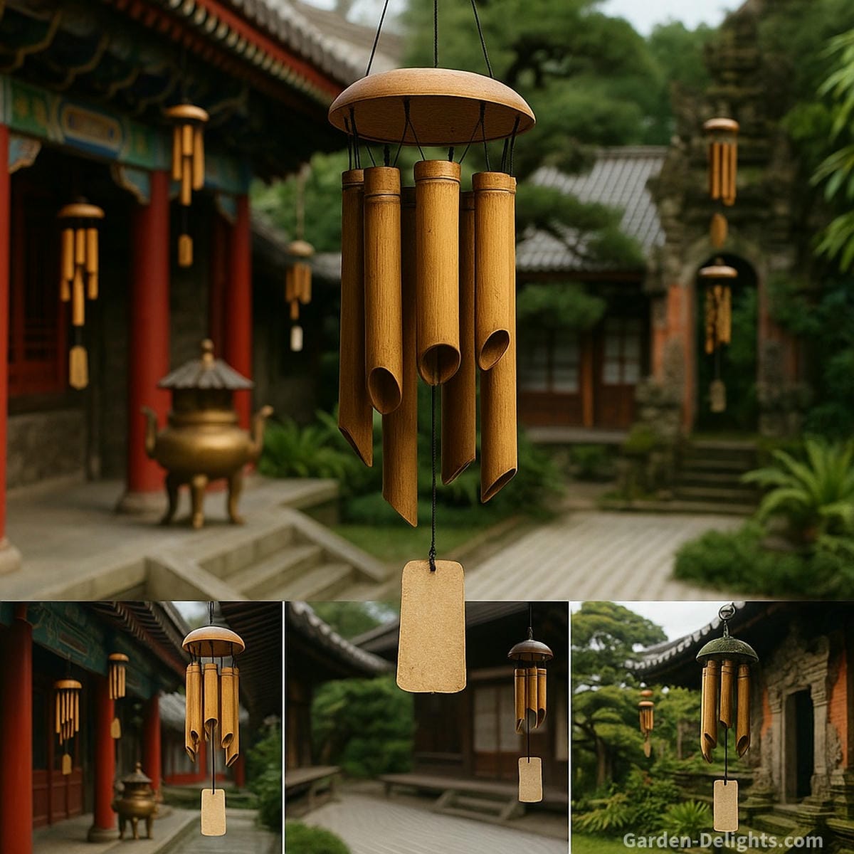 bamboo wind chimes in traditional asian temples and zen gardens showing cultural symbolism natural airflow tone and spiritual heritage
