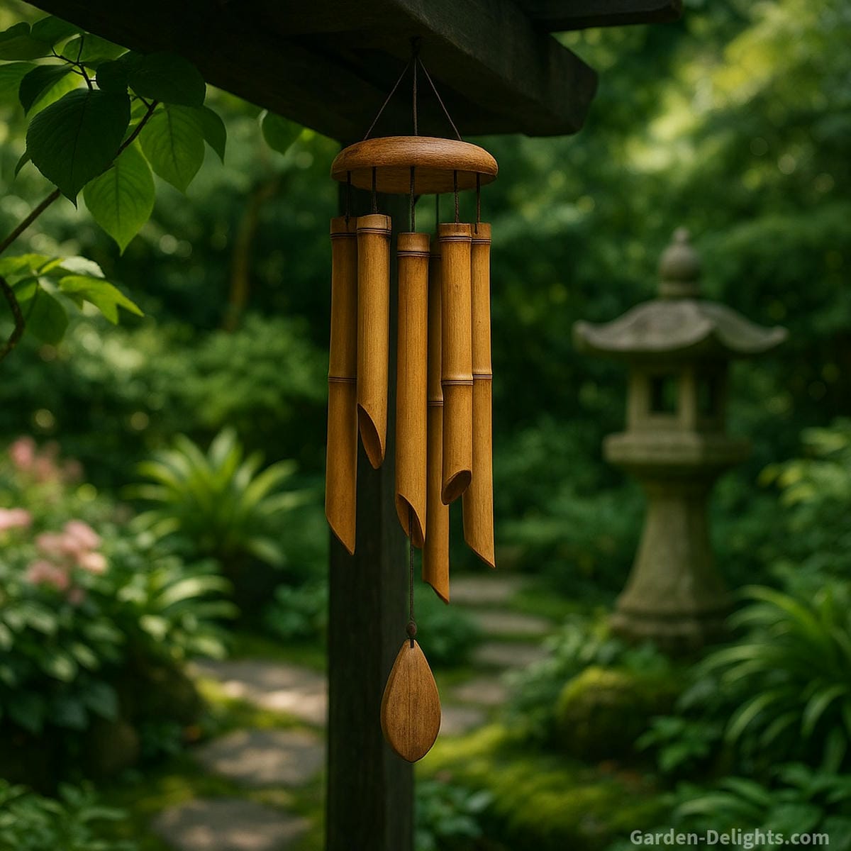 Bamboo wind chimes hanging from a shaded pergola near a moss-lined path and Japanese lantern blending natural resonance, sustainable design, and spiritual Feng Shui calm