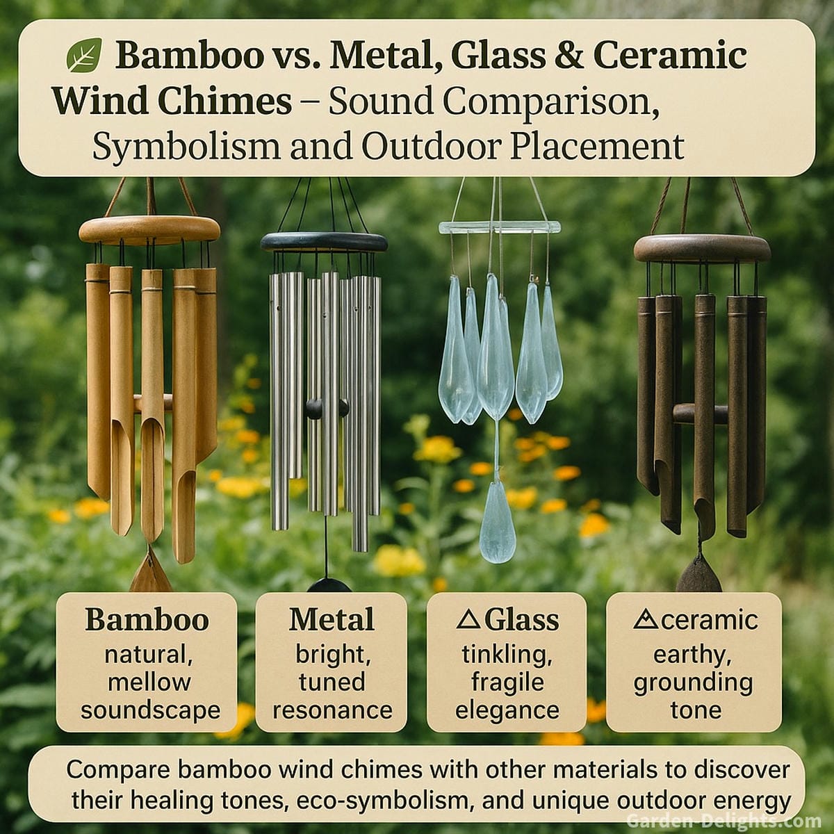 Bamboo wind chimes displayed alongside metal, glass, and ceramic chimes in a symbolic garden layout highlighting differences in tone, spiritual meaning, and outdoor use across natural elements
