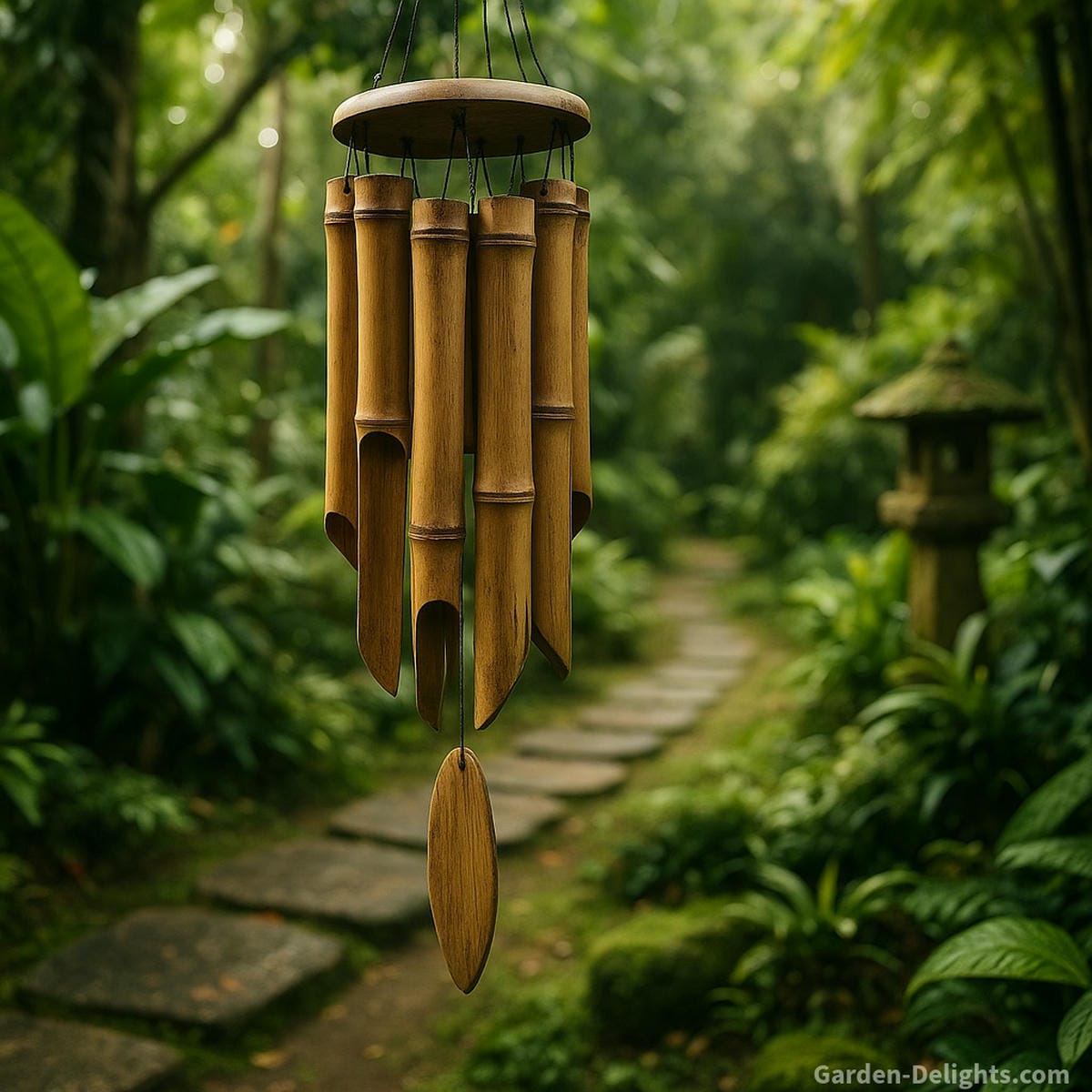 bamboo wind chimes near garden pathway with balanced airflow creating soft rhythmic tones and natural chi flow in outdoor space