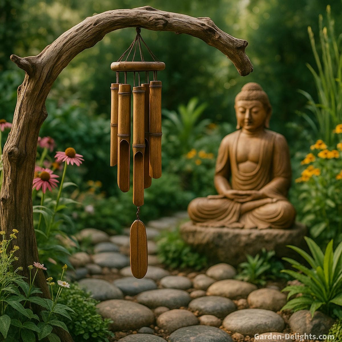 bamboo wind chimes in meditation garden with light airflow creating calming tones and grounded spiritual outdoor energy