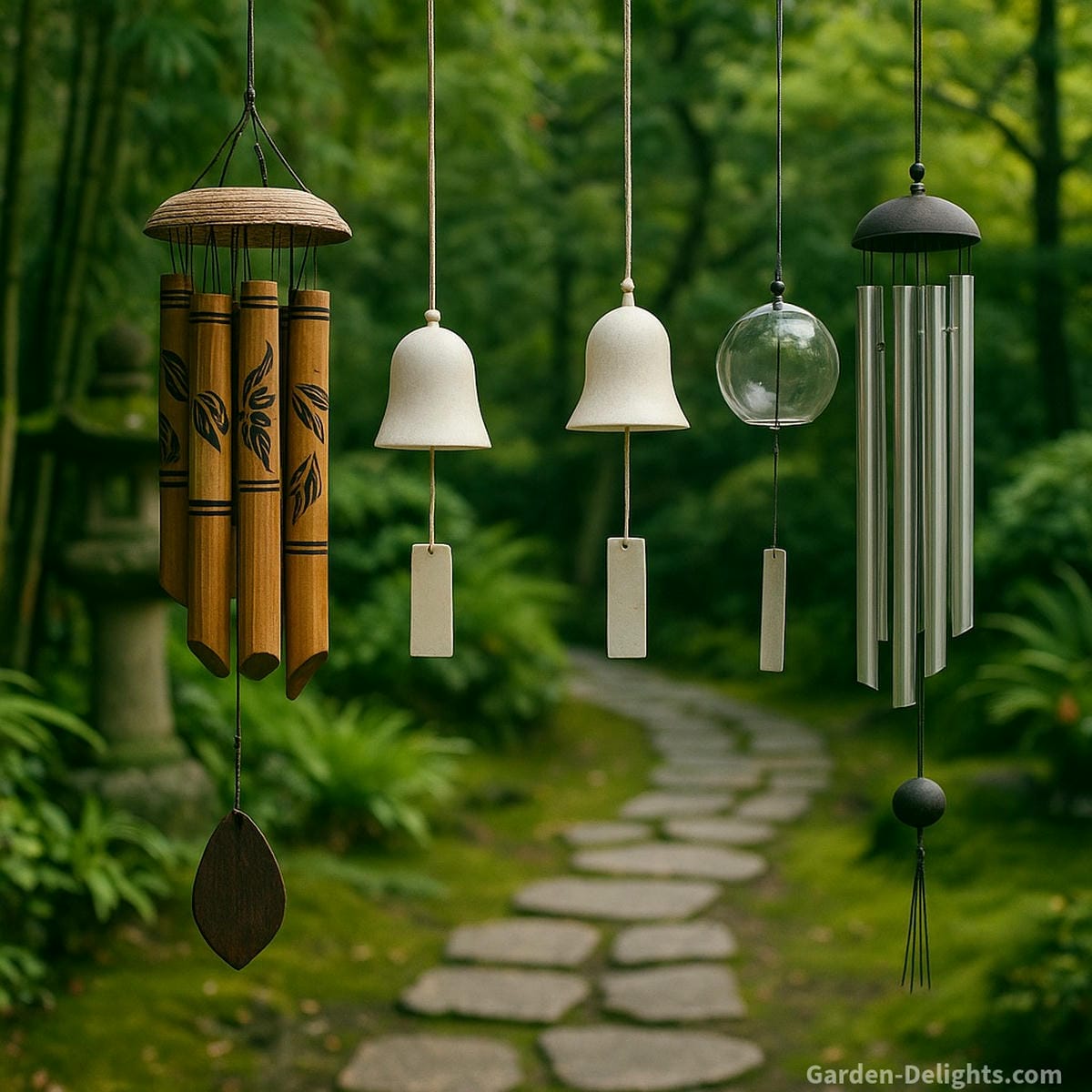 bamboo wind chimes compared with metal and glass showing softer tone response and natural airflow sound variation