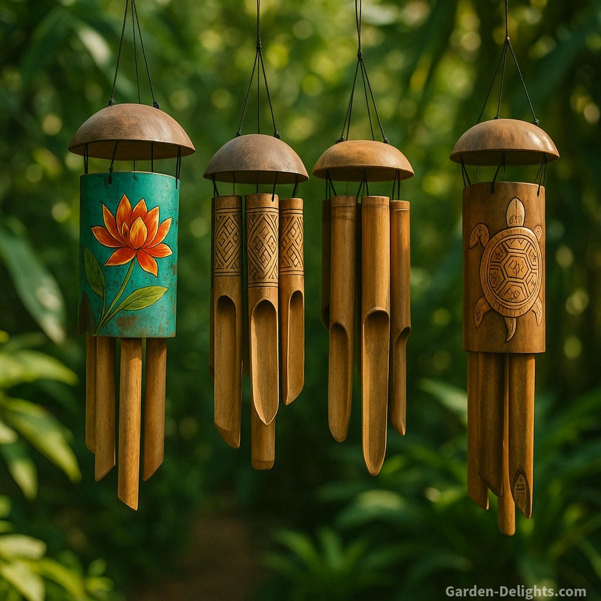 Handcrafted bamboo wind chimes in painted, carved, and natural styles swaying in a lush garden symbolizing mindful living, spiritual resonance, and acoustic healing energy for indoor and outdoor spaces