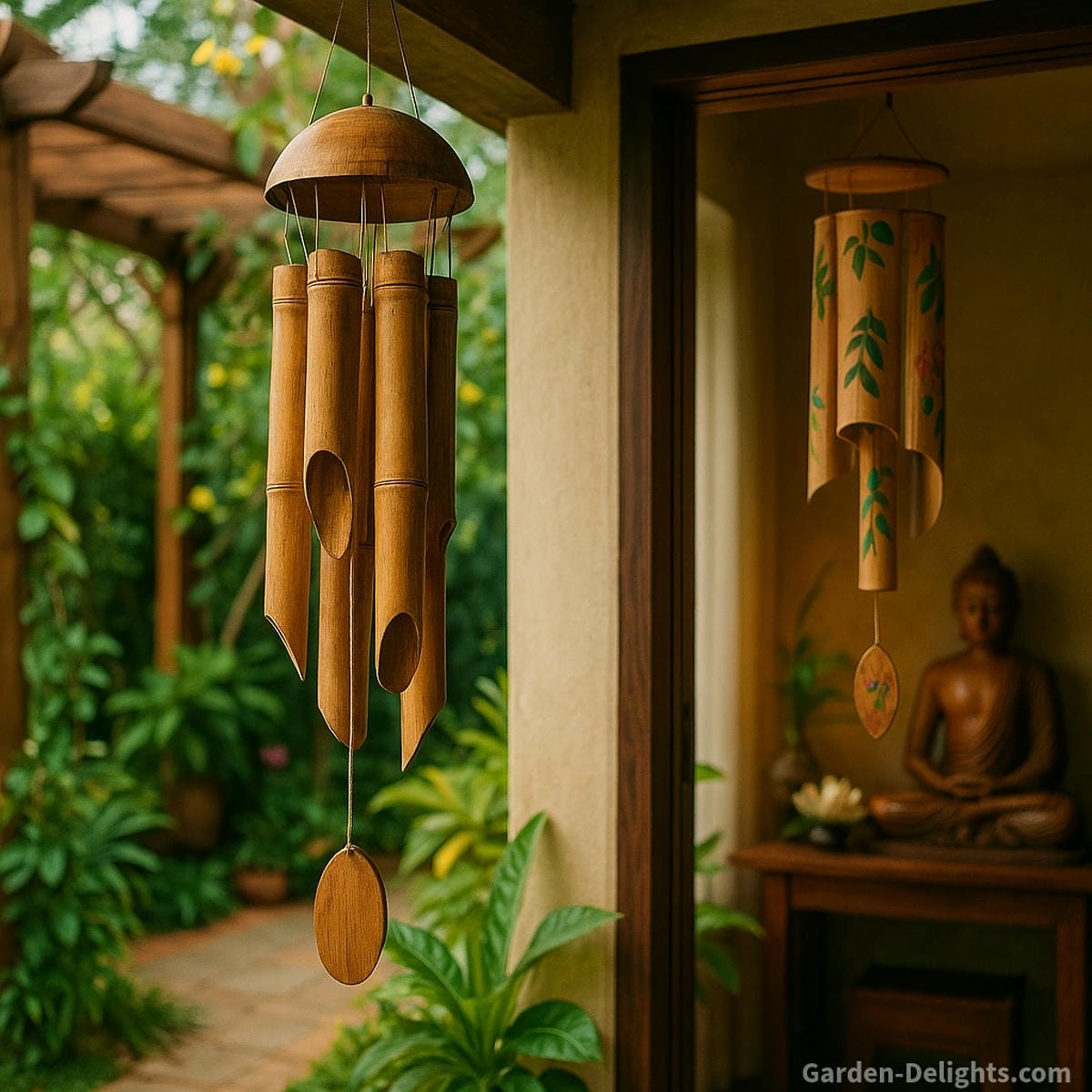 Natural bamboo wind chimes hanging between a garden pergola and peaceful indoor altar space illustrating handmade bamboo chimes for sound meditation, spiritual alignment, and mindful outdoor-indoor décor