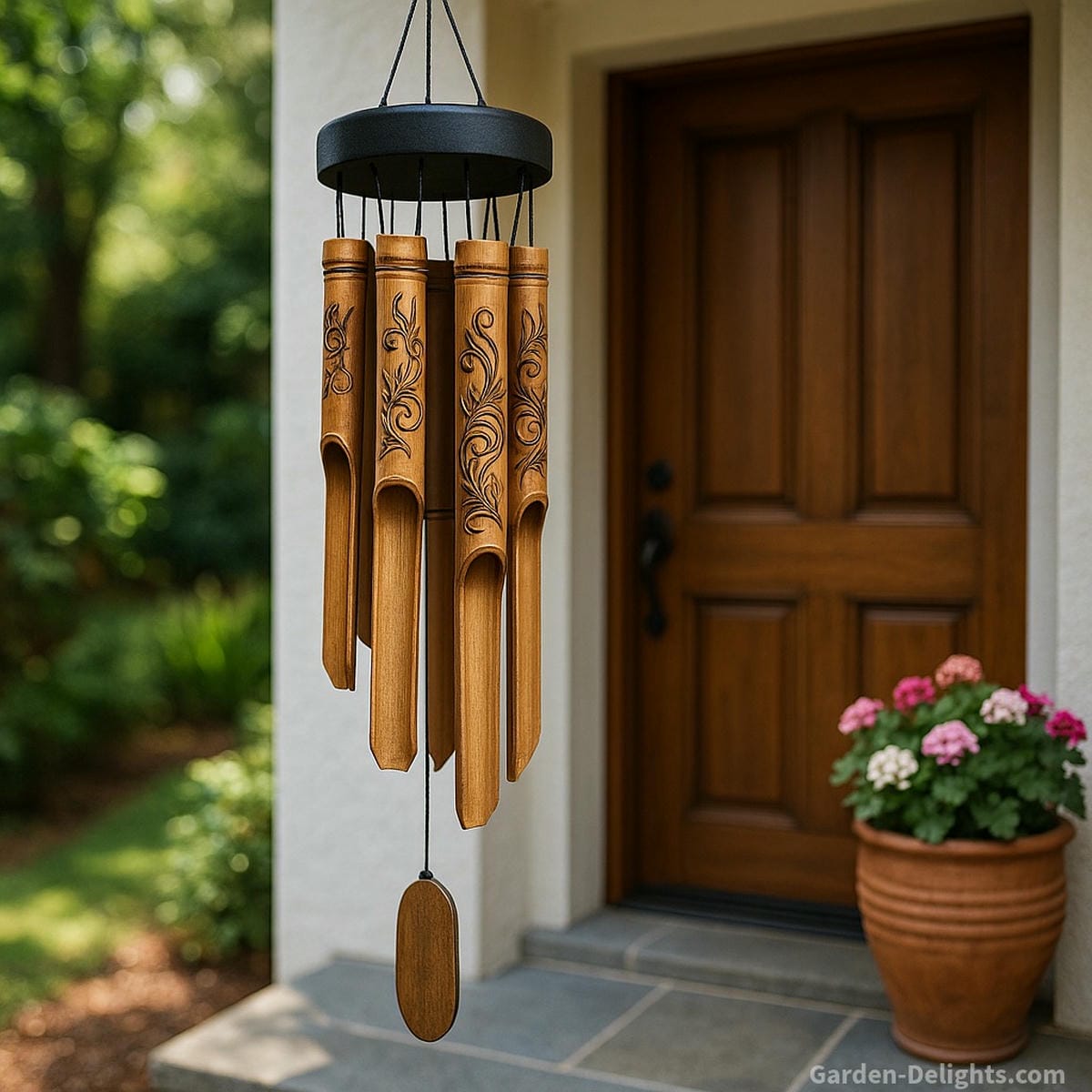 Bamboo wind chimes hanging near a peaceful entryway, natural tubes symbolizing Wood Element vitality, Chi protection, and Feng Shui energy balance