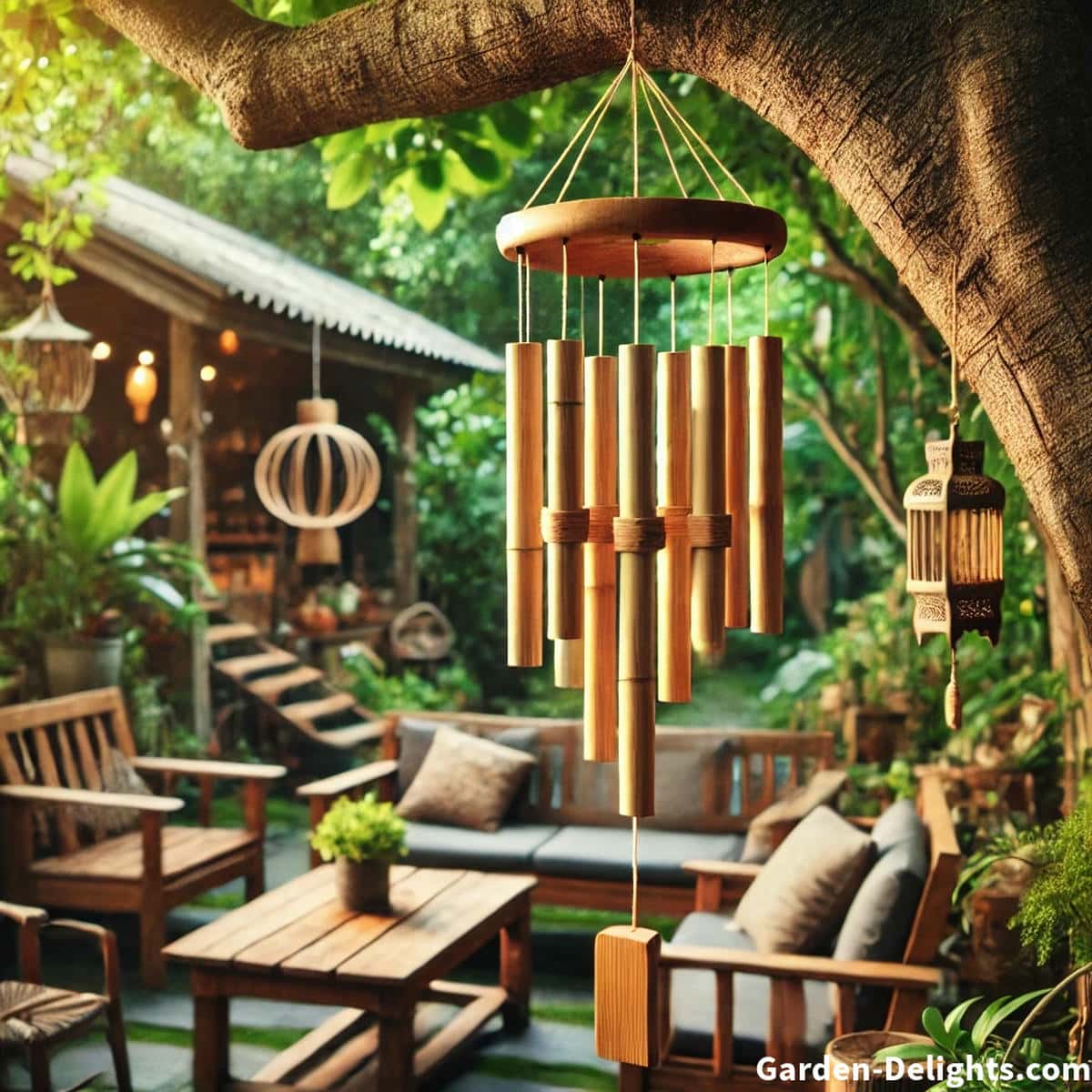 Handcrafted bamboo wind chimes hanging from a tree branch in a serene backyard, creating mellow, earthy tones in a natural outdoor setting.