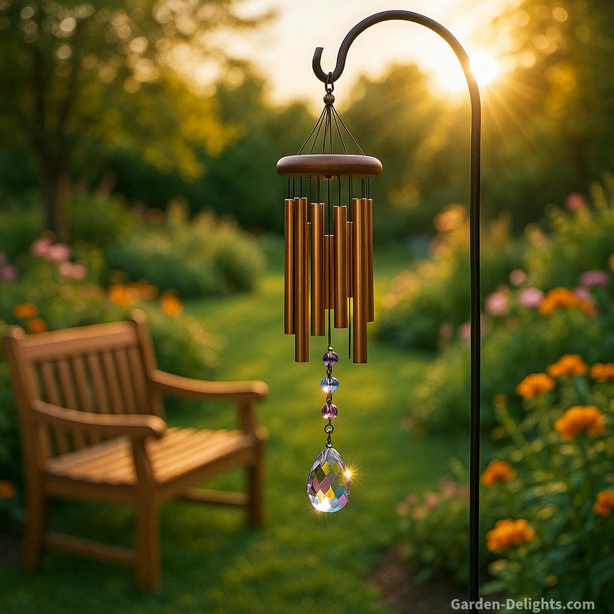 Beautiful crystal and metal wind chime glistening beside a wooden garden bench under warm sunlight symbolizing emotional clarity, memorial healing, and sacred Feng Shui energy flow in a tranquil outdoor space