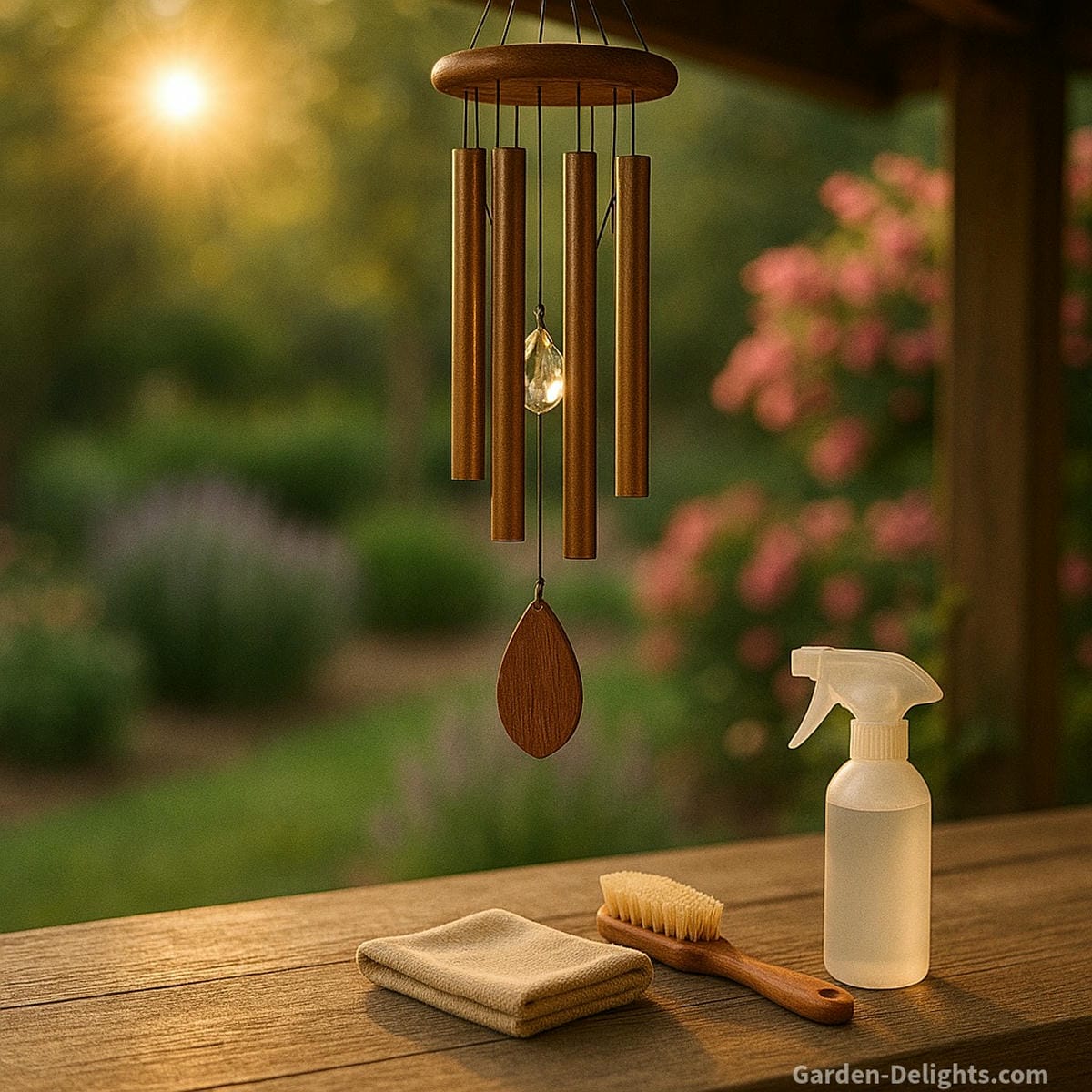 wind chime maintenance tools in sunlight showing cleaning care and preservation of tone airflow and surface quality