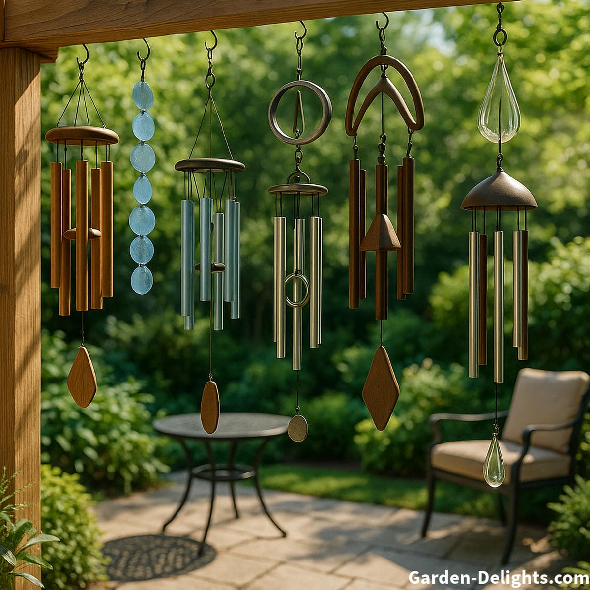 Beautiful wind chimes with artistic metalwork and crystal accents hanging beside a flower filled patio garden, adding reflective texture, decorative movement, and elegant outdoor styling