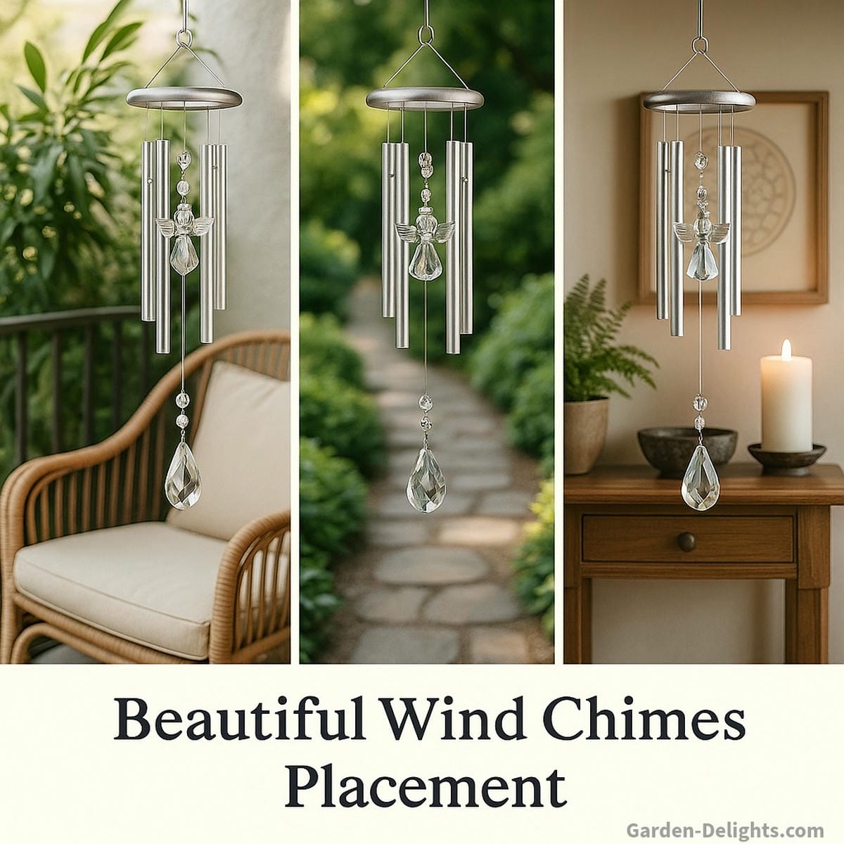 Beautiful wind chimes with crystal accents and silver tubes hanging across a balcony, garden pathway, and indoor altar symbolizing emotional healing, harmony, and Feng Shui energy balance in sacred spaces