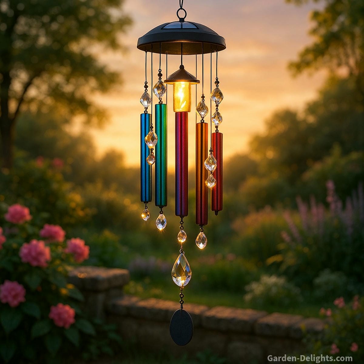 Beautiful crystal wind chime with soft solar lighting illuminating a tranquil garden an elegant symbolic gift for healing, remembrance, and peaceful patio décor