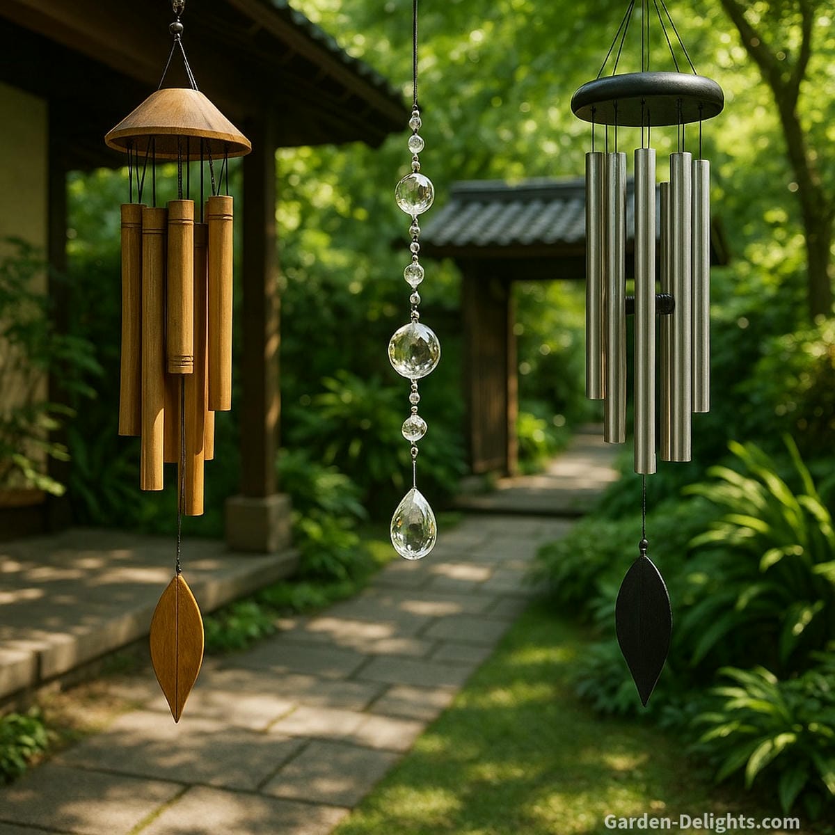 Beautiful Feng Shui wind chimes made from bamboo, crystal, and metal swaying beside a shaded patio and meditation path symbolizing harmony, prosperity, and Chi alignment in a peaceful garden entryway
