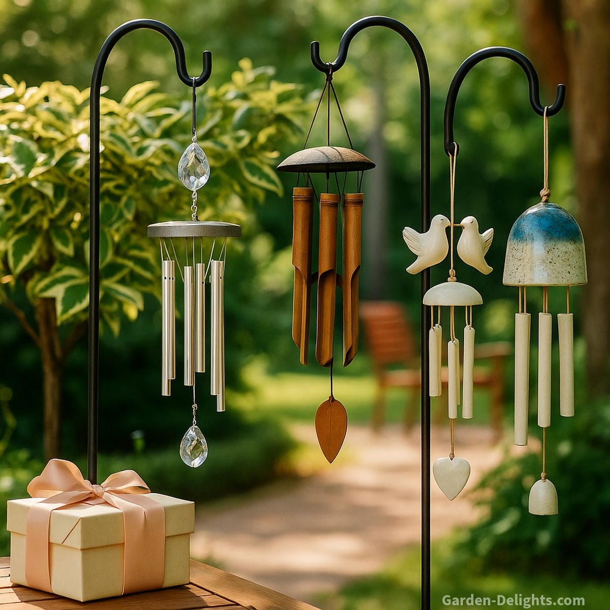 Beautiful wind chimes in crystal, bamboo, and ceramic materials hanging in sunlit gardens and peaceful patios symbolizing memorial remembrance, celebration, and spiritual serenity