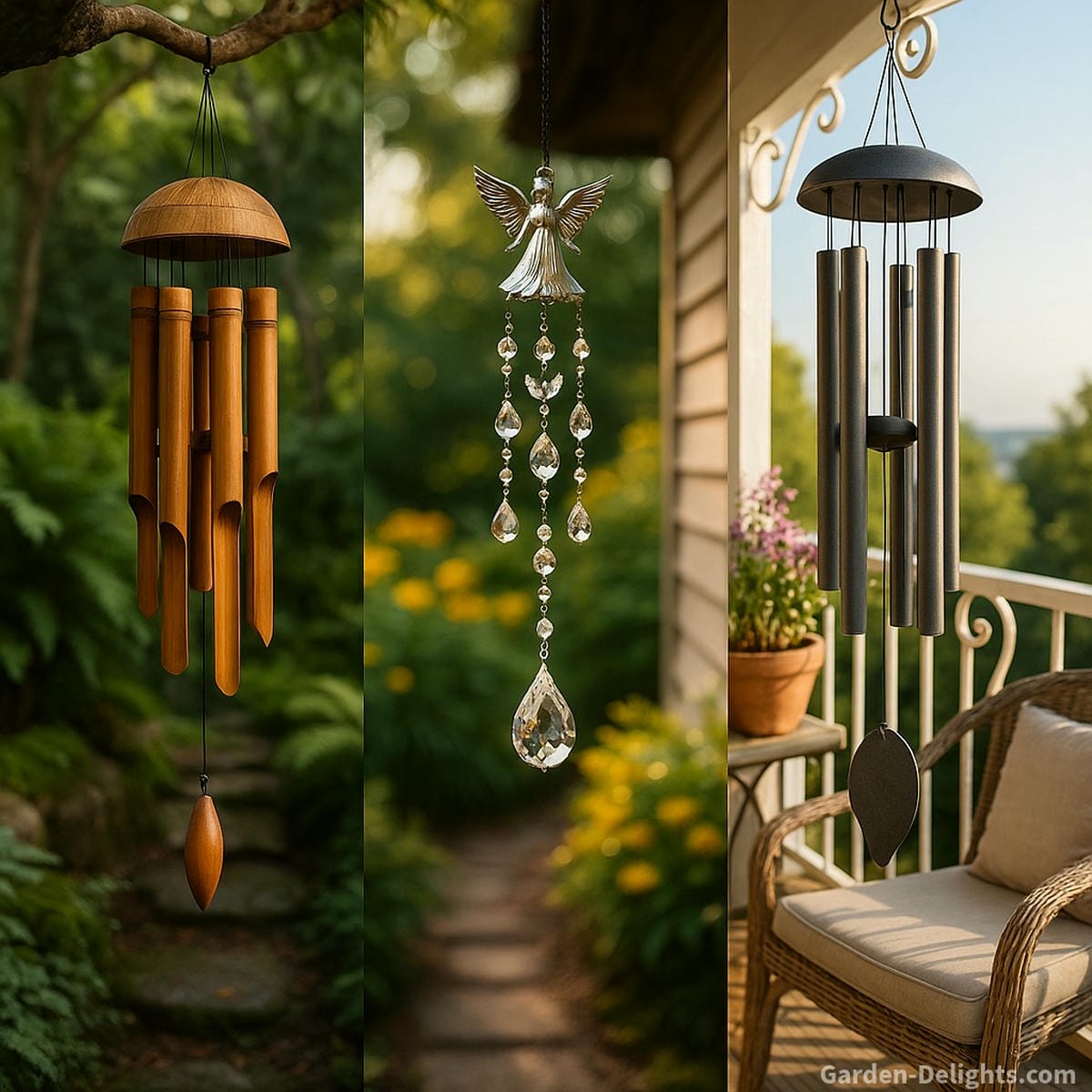 Beautiful bamboo, crystal, and metal wind chimes hanging gracefully in a tranquil garden and sunlit balcony symbolizing Feng Shui harmony, meditation clarity, and serene outdoor energy flow