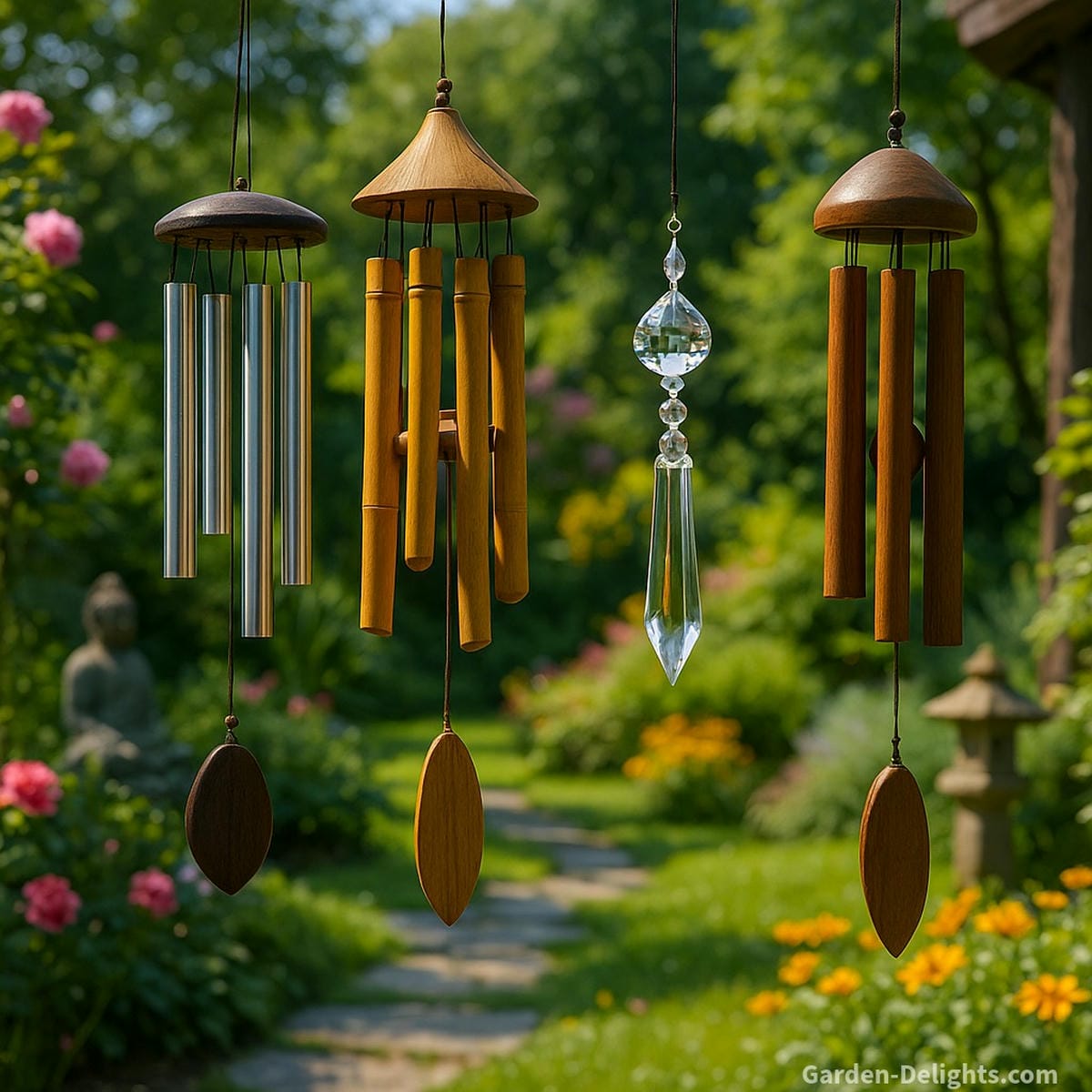 Beautiful Feng Shui wind chimes made from metal, bamboo, crystal, and wood hanging in a tranquil garden each material symbolizing harmony, Chi energy flow, and spiritual balance