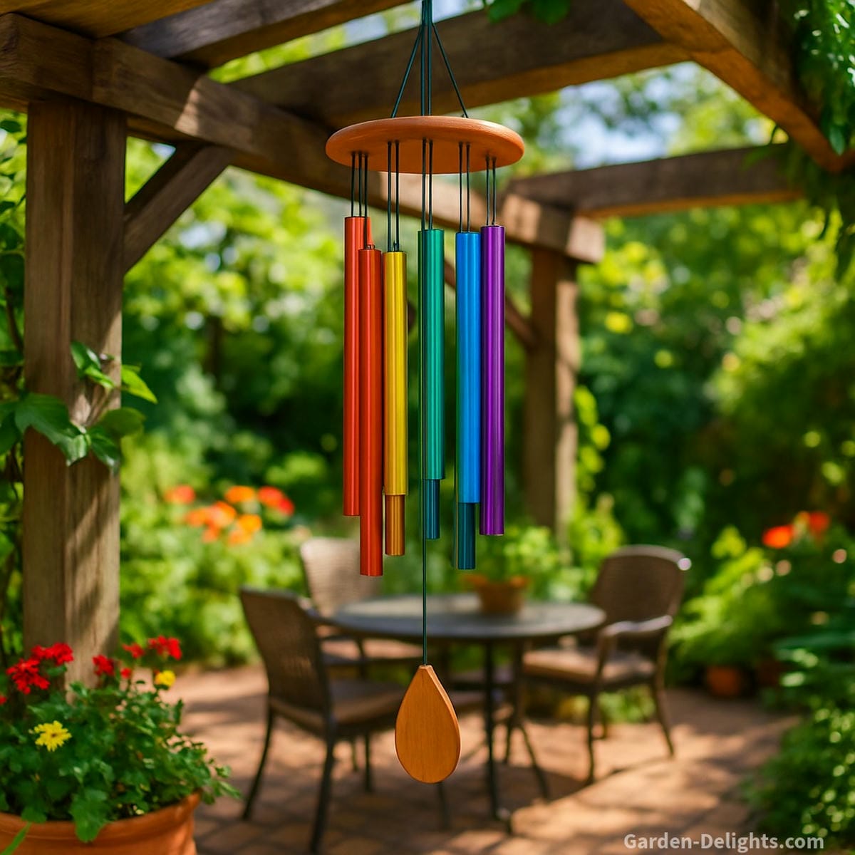wind chimes on pergola with controlled airflow creating balanced sound projection and natural outdoor movement