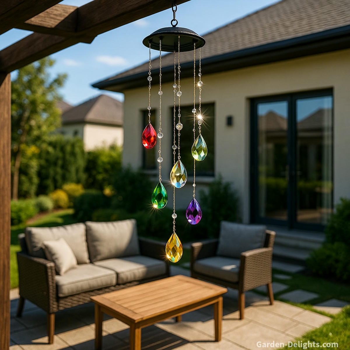 Beautiful crystal wind chimes sparkling in a sunlit pergola garden with colorful glass drops, modern patio décor, and elegant energy perfect for emotional healing, outdoor harmony, and visual serenity
