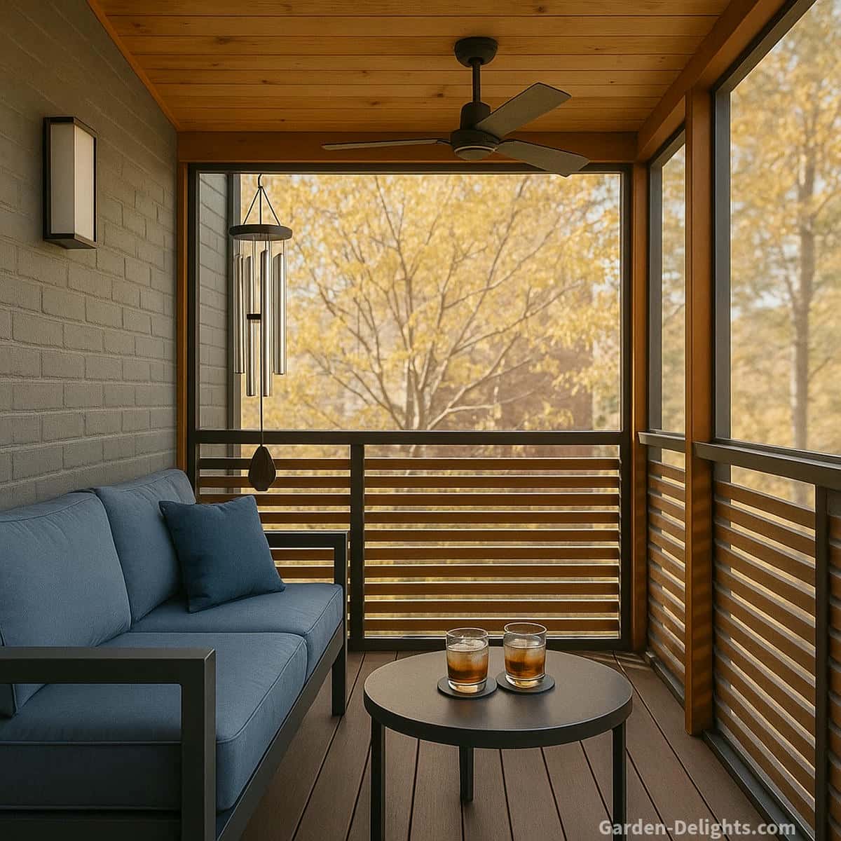Aluminum balcony wind chimes placed toward the corner of a screened porch with soft natural daylight mellow tone resonance and weather safe durability supporting calm small space outdoor comfort