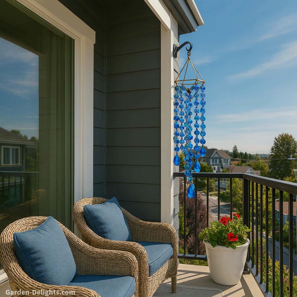 Blue crystal wind chime with a gold frame hanging from a wall mounted hook on a balcony with dark grey siding white trim light brown wicker chairs and soft airflow that creates a calm shimmering tone and peaceful small space energy