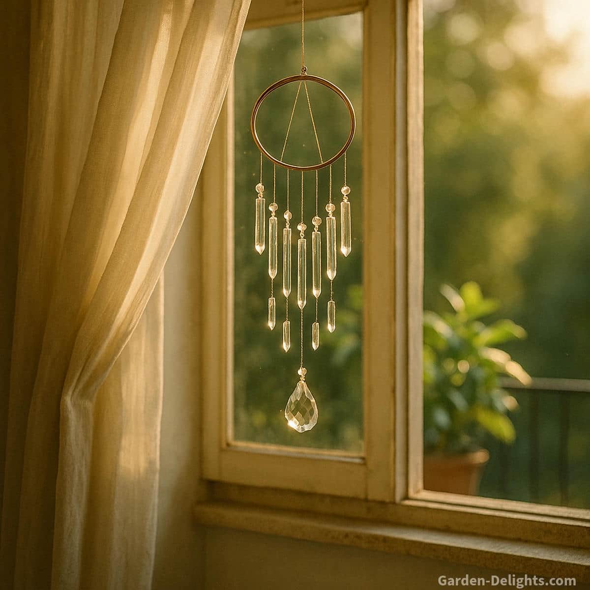 Crystal balcony Feng Shui wind chime hanging near an open window where warm natural light soft breeze and outdoor greenery create calm tone smooth Chi flow and peaceful apartment energy