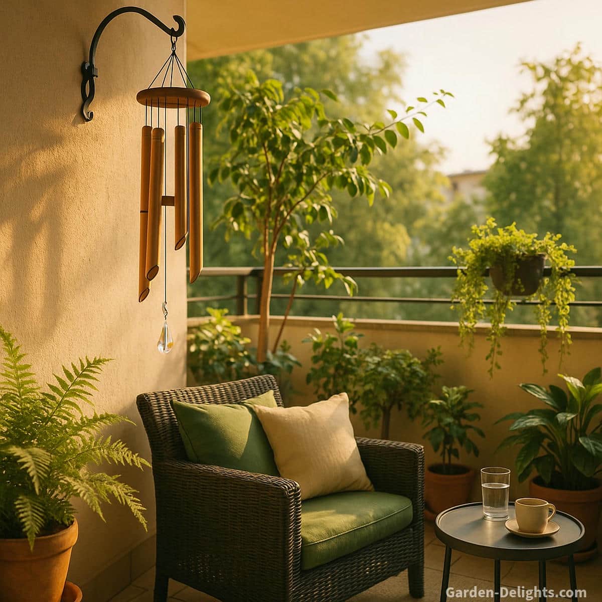 Balcony Feng Shui wind chimes arranged along a covered apartment balcony where soft airflow green cushions and surrounding plants create calm tone smooth Chi flow and balanced emotional energy in a small outdoor space