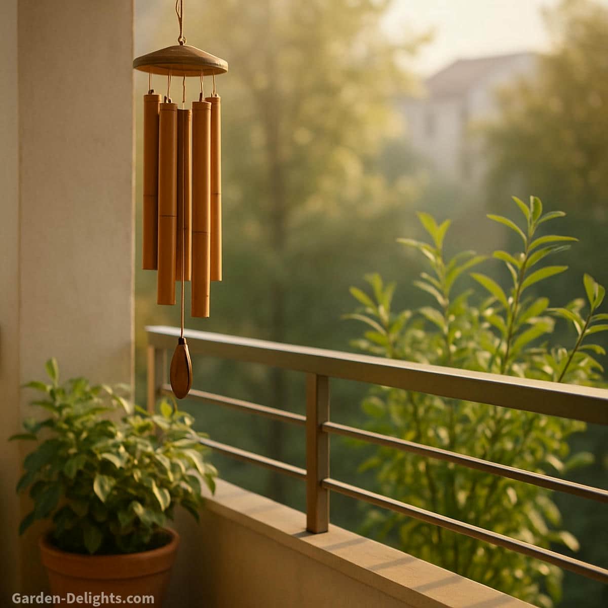 Bamboo Feng Shui wind chimes hanging beside a quiet balcony railing where soft morning light warm air drift and gentle greenery guide calm tone and smooth Chi flow across a small apartment outdoor space