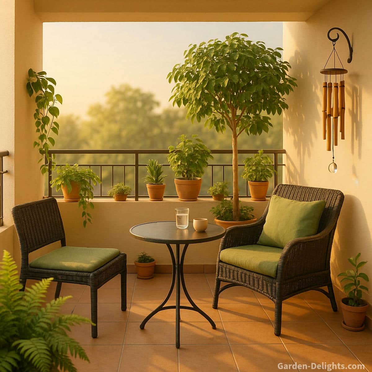 Wide view of a Feng Shui styled apartment balcony at sunrise with wind chimes hanging on the far right wall plants arranged along the railing and soft golden light creating calm tone smooth Chi flow and peaceful emotional energy