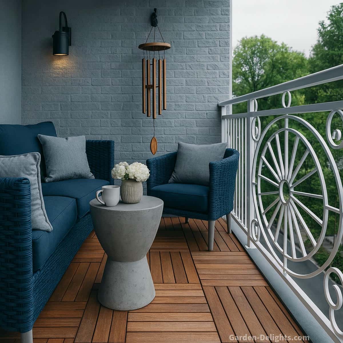 Balcony wind chimes on a wall mounted hook beside grey brick walls white decorative railing and warm wood flooring showing how each surface shapes airflow echo soft tone and calm acoustic behavior in small outdoor spaces