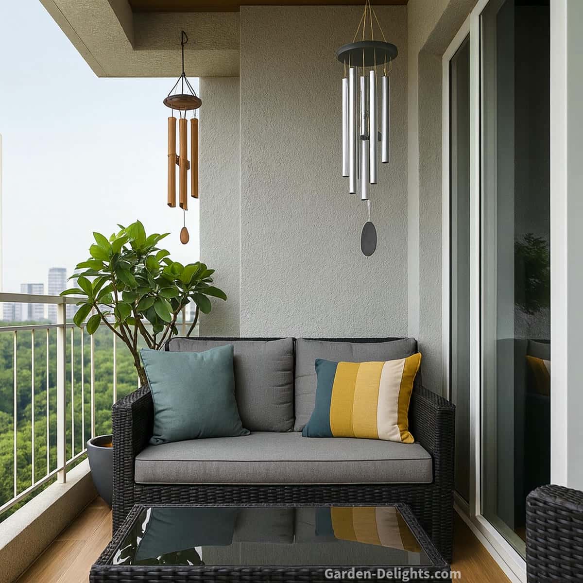 bamboo and aluminum balcony wind chimes placed in steady breeze for controlled tone and gentle motion