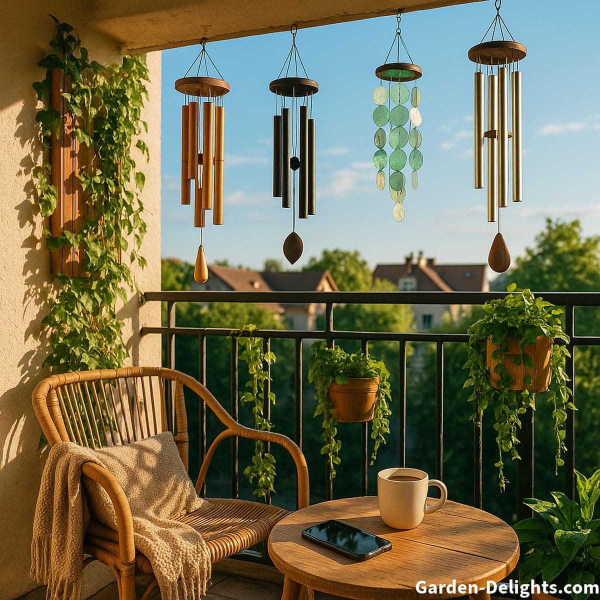 Peaceful balcony with decorative wind chimes vertical greenery and cozy seating that creates a natural soundscape in a small outdoor space