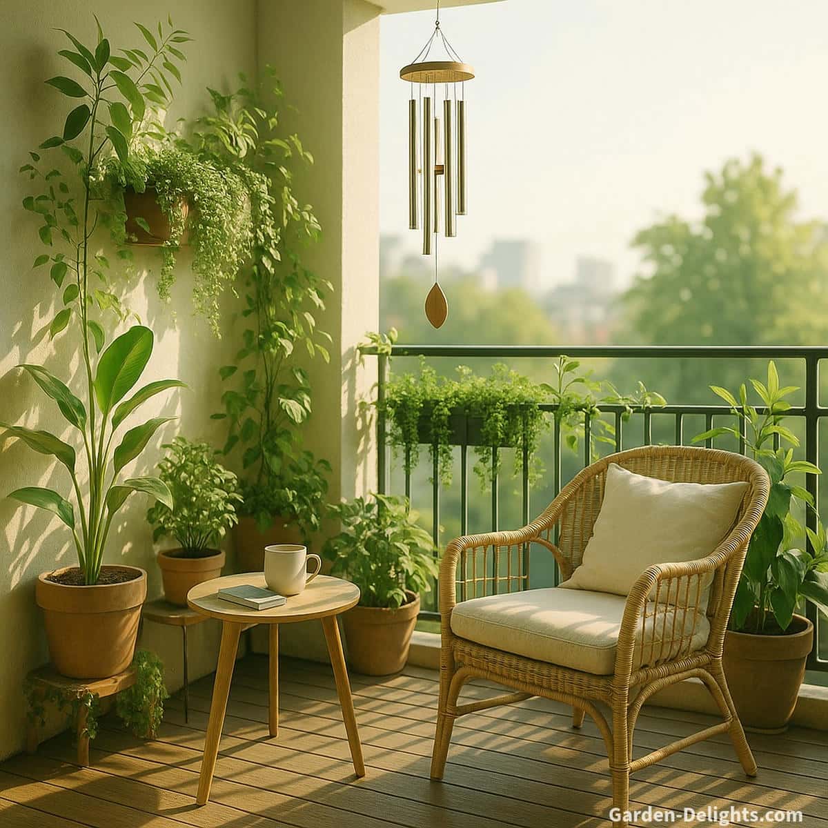 Balcony wind chime decor with soft morning light calm greenery and gentle upward airflow that creates quiet motion and warm emotional tone in a cozy apartment space