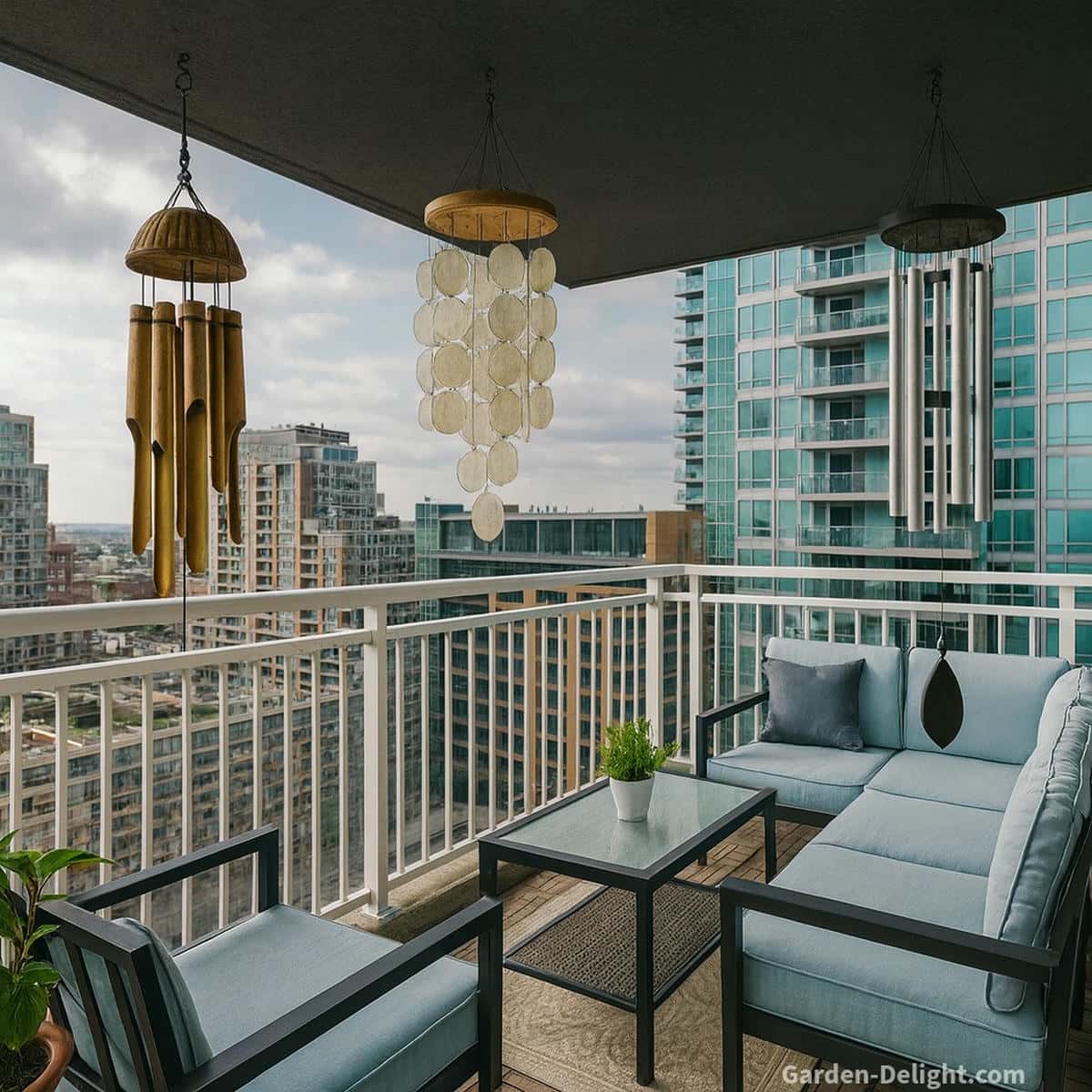 Balcony wind chimes arranged across a high rise patio with bamboo chimes on a decorative wall hook, capiz chimes centered under a dark ceiling, and aluminum chimes hanging from a railing pole beside light blue furniture and a white balcony railing.