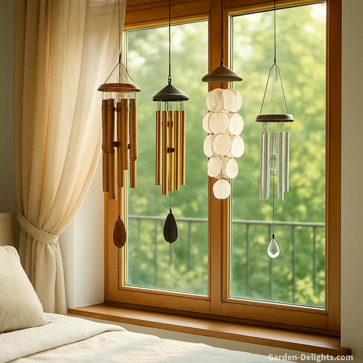 Balcony wind chimes hanging in a sunlit window scene symbolizing calming airflow motion, quiet melodic drift, and emotional balance for apartments, condos and small balcony spaces
