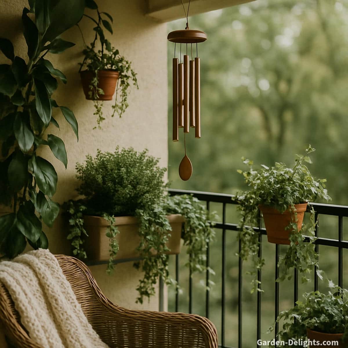 Small balcony with plants and a quiet wind chime creating calming tone gentle airflow and peaceful resonance within a compact outdoor sanctuary