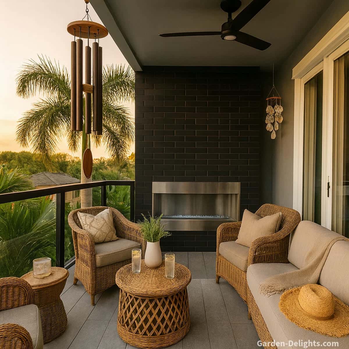 Quiet balcony wind chimes hanging above wicker furniture with warm sunset light, gentle airflow, and soft shimmering sound for calm small outdoor living
