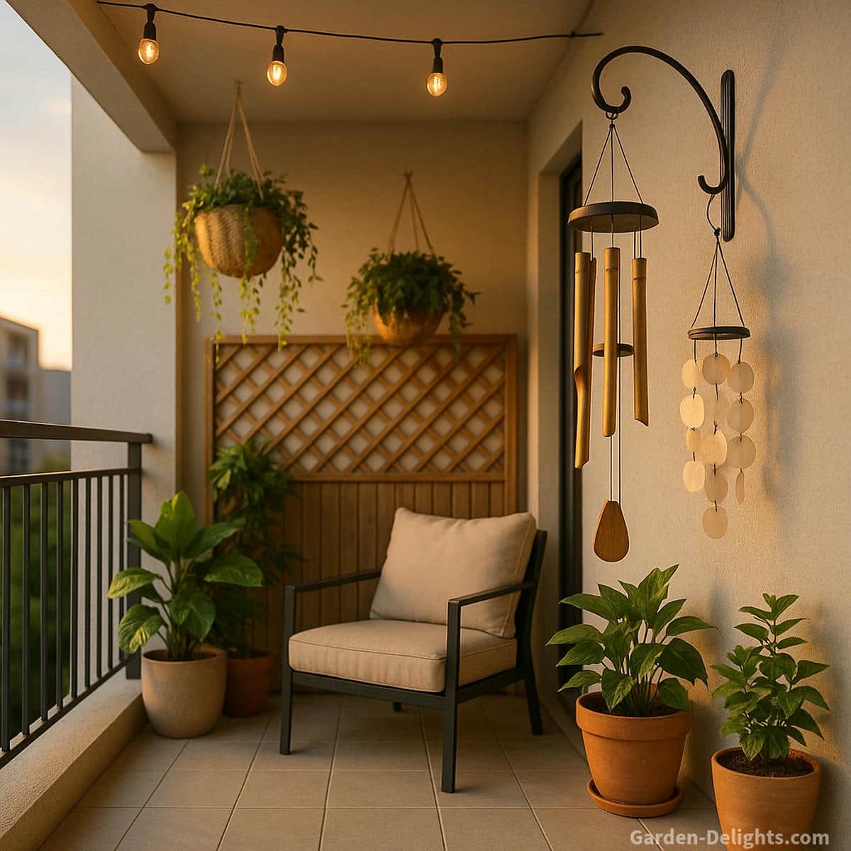 Balcony wind chime decor with warm solar lights hanging planters privacy screen and a small seating nook that shapes gentle airflow and soft cozy tone in a compact apartment balcony