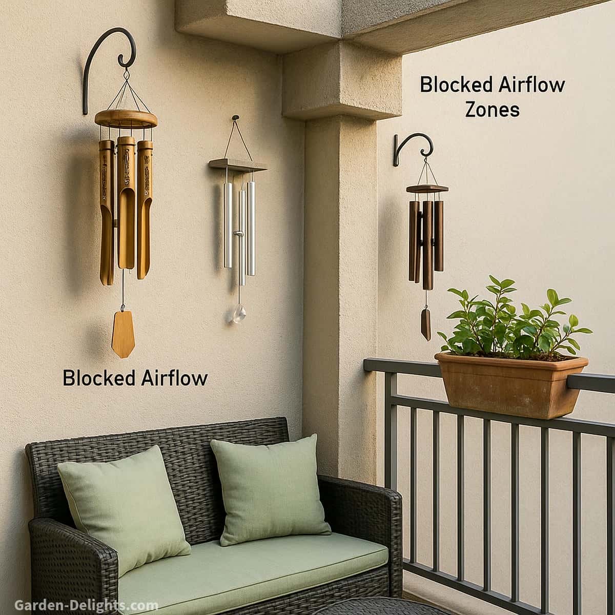 Balcony wind chimes placed in blocked airflow zones showing disrupted breeze movement uneven tone and reduced soft sound behavior across a small outdoor space