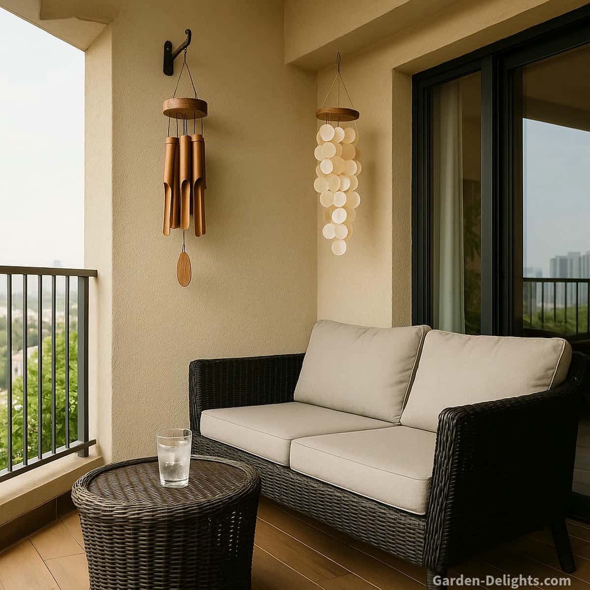 Bamboo and capiz balcony wind chimes hanging from a decorative wall hook beside black wicker seating on a beige high rise balcony with soft daylight airflow calm reflective tone and a peaceful city view