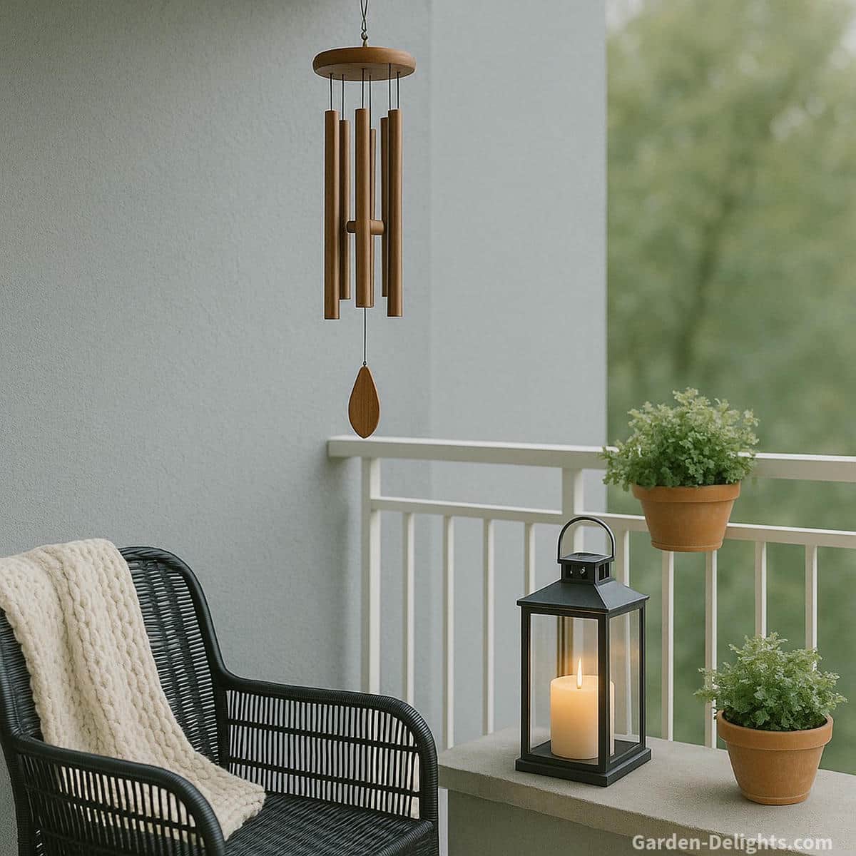 Quiet balcony wind chimes hanging near a white railing and grey wall with a soft glowing lantern and a black chair creating calm tone and gentle airflow in a small outdoor space